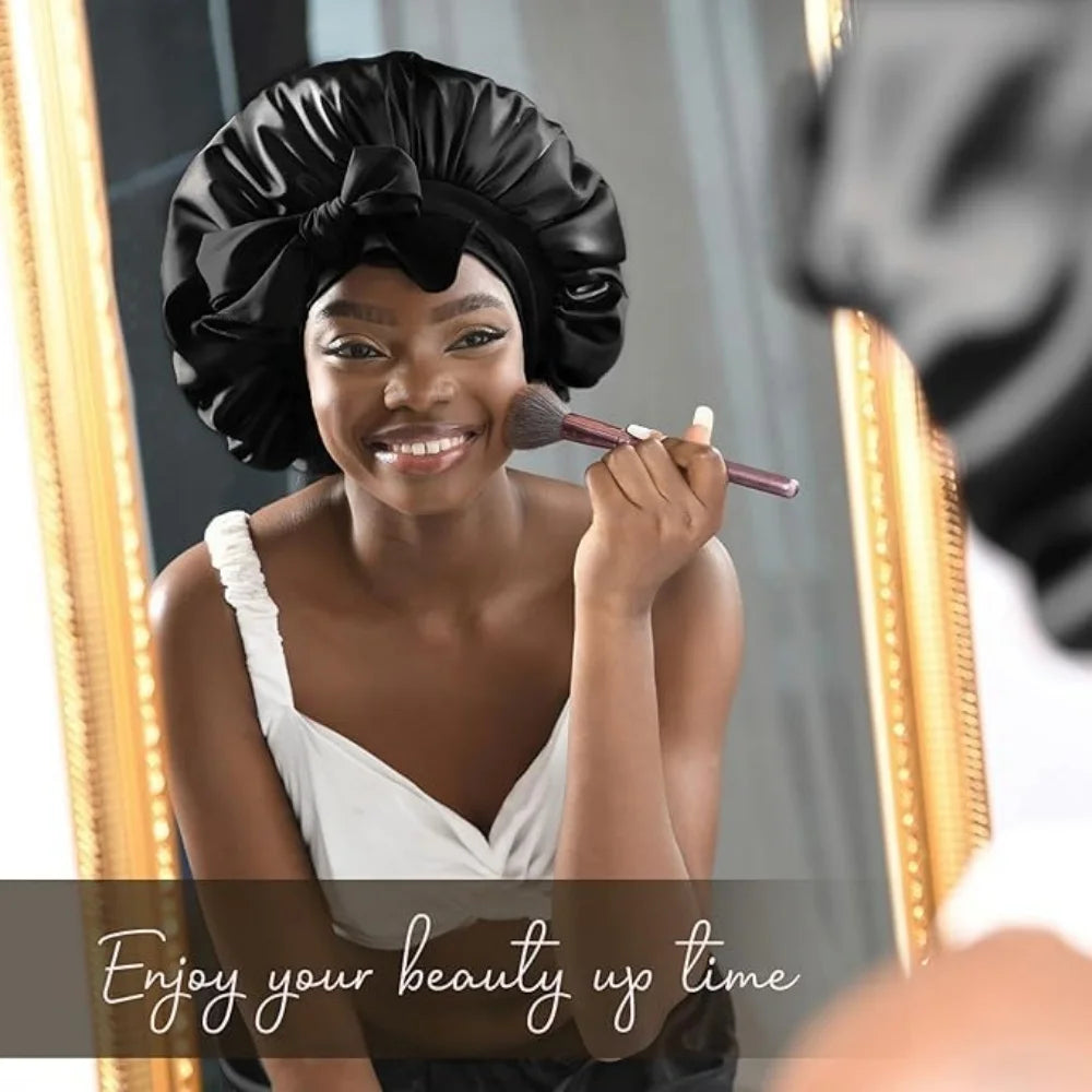 Bonnet en satin avec nœud – Bonnet de nuit en satin pour cheveux bouclés, frisés, crépus et lisses
