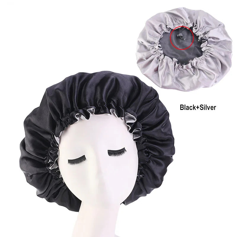 Bonnet en satin double couche – Bonnet de nuit en satin réversible multicolore pour cheveux bouclés, frisés, crépus et lisses
