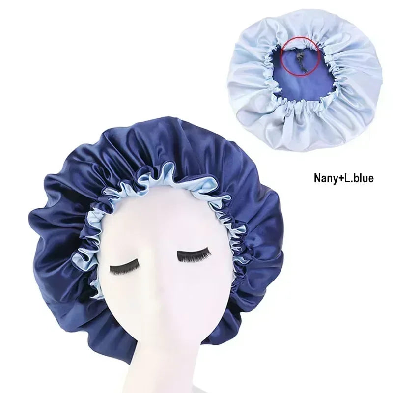 Bonnet en satin double couche – Bonnet de nuit en satin réversible multicolore pour cheveux bouclés, frisés, crépus et lisses