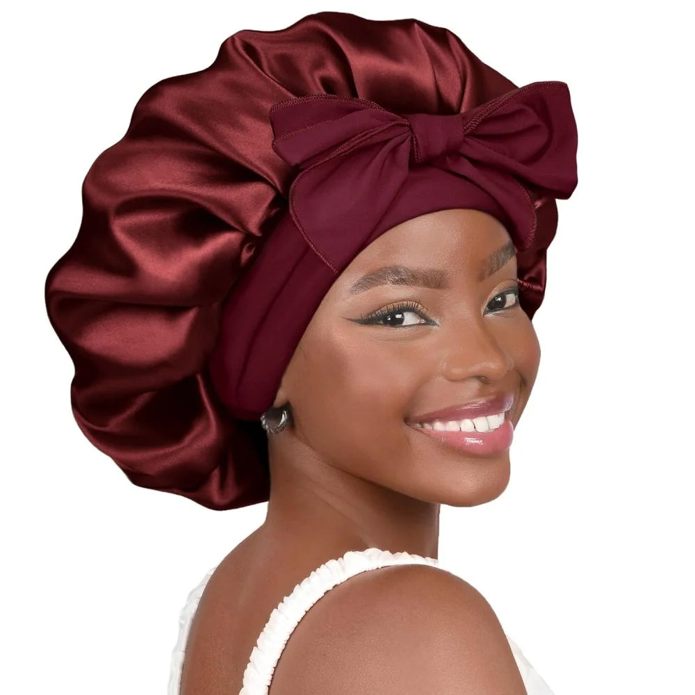 Bonnet en satin avec nœud – Bonnet de nuit en satin pour cheveux bouclés, frisés, crépus et lisses