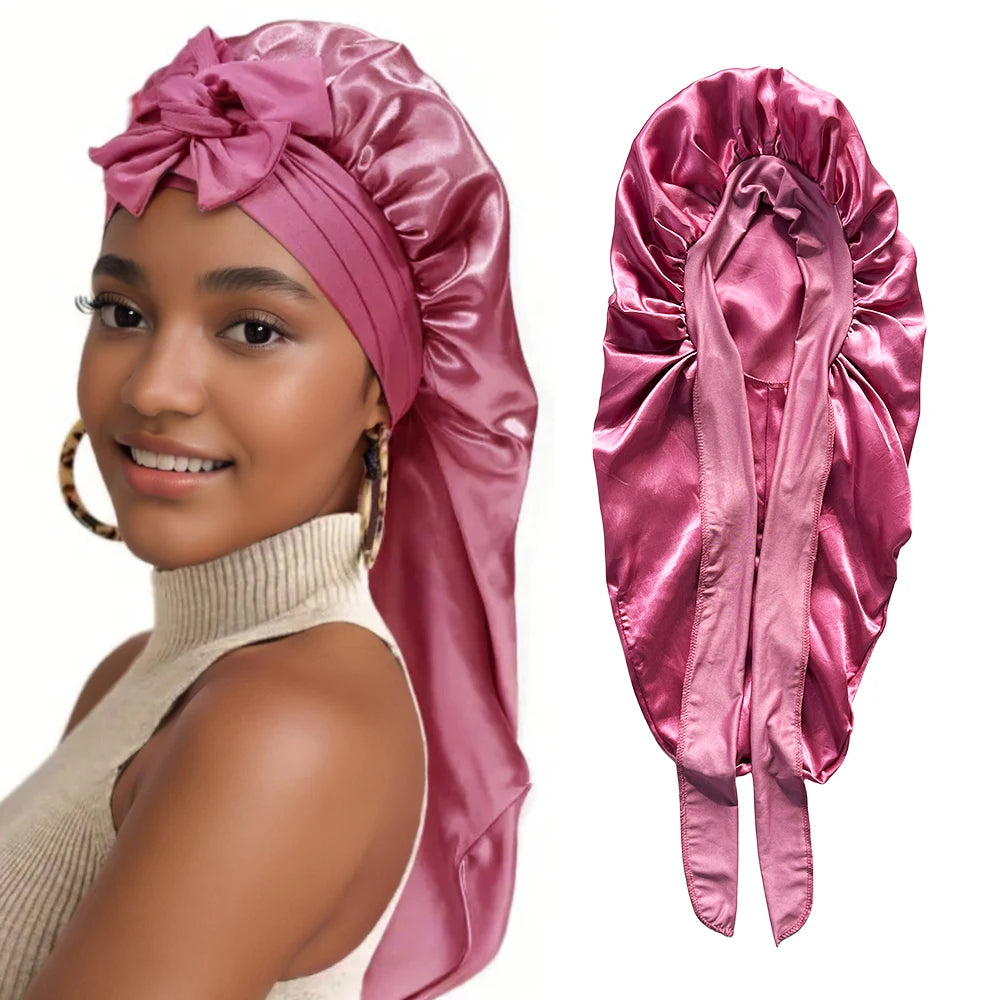 Bonnet en satin long avec nœud – Bonnet de nuit en satin pour cheveux longs, bouclés, frisés et locks