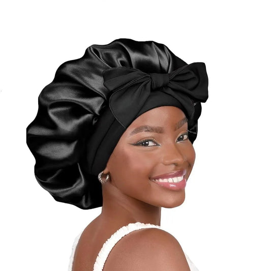 Bonnet en satin avec nœud – Bonnet de nuit en satin pour cheveux bouclés, frisés, crépus et lisses
