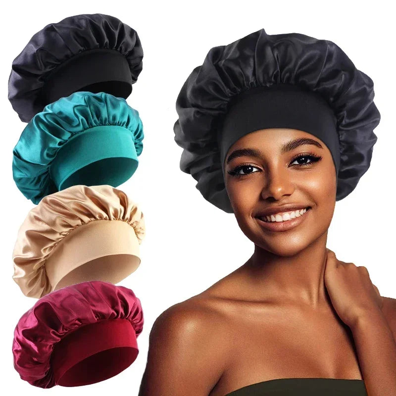 Bonnet en satin avec large bande – Bonnet de nuit en satin pour cheveux bouclés, frisés, crépus et lisses