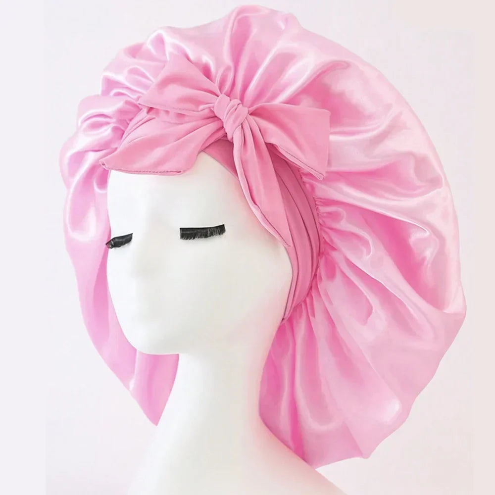 Bonnet en satin avec nœud – Bonnet de nuit en satin pour cheveux bouclés, frisés, crépus et lisses