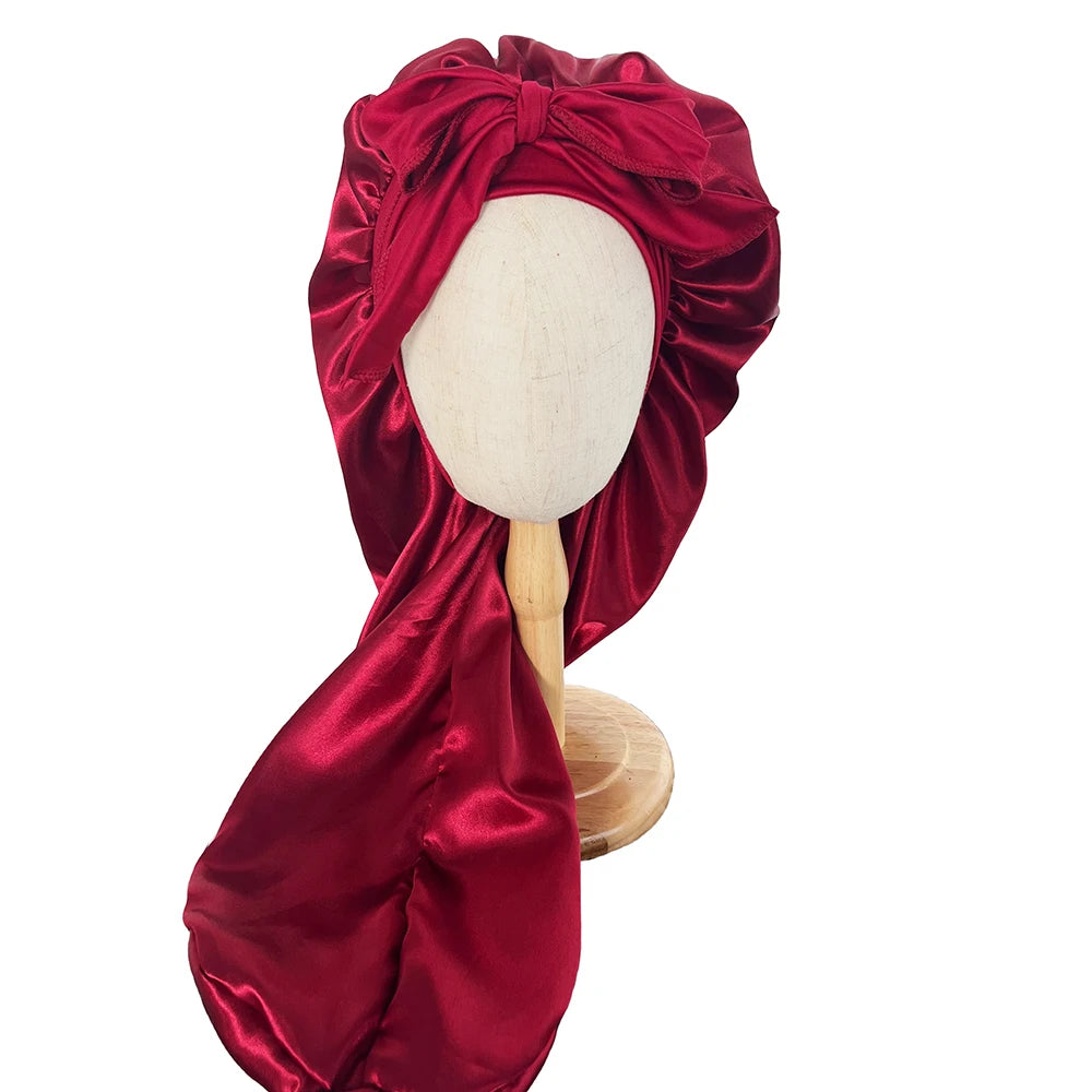 Bonnet en satin long avec nœud – Bonnet de nuit en satin pour cheveux longs, bouclés, frisés et locks