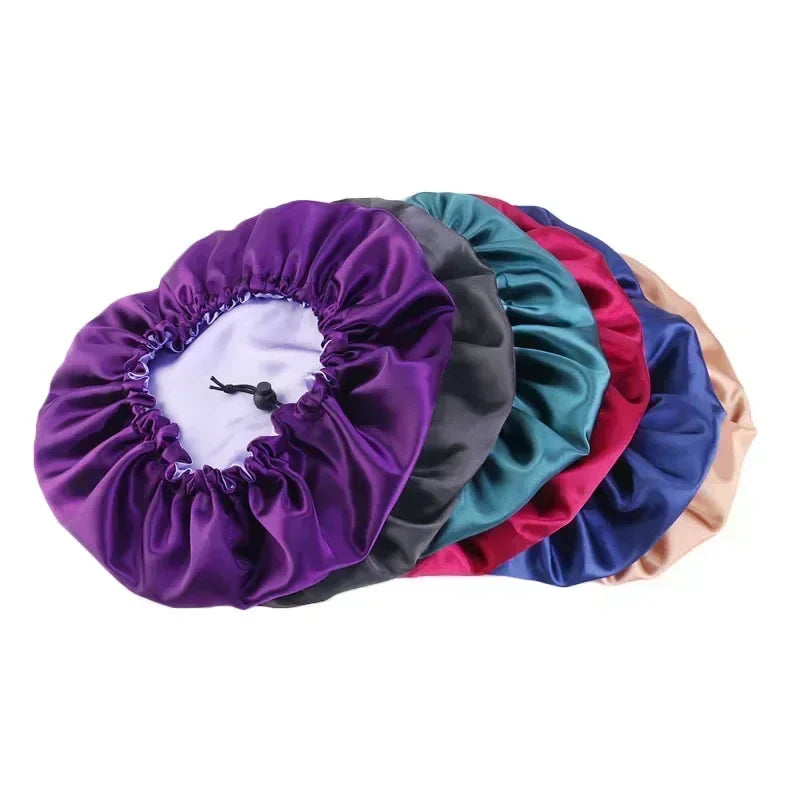 Bonnet en satin double couche – Bonnet de nuit en satin réversible multicolore pour cheveux bouclés, frisés, crépus et lisses