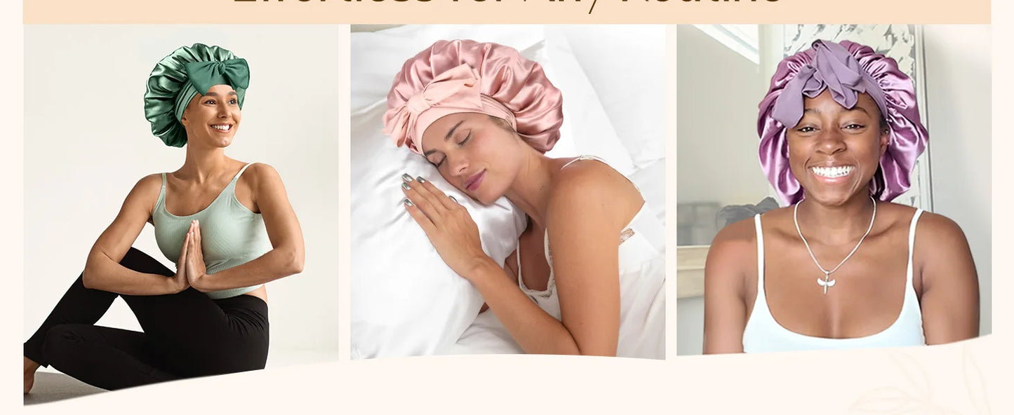 Bonnet en satin avec nœud – Bonnet de nuit en satin pour cheveux bouclés, frisés, crépus et lisses