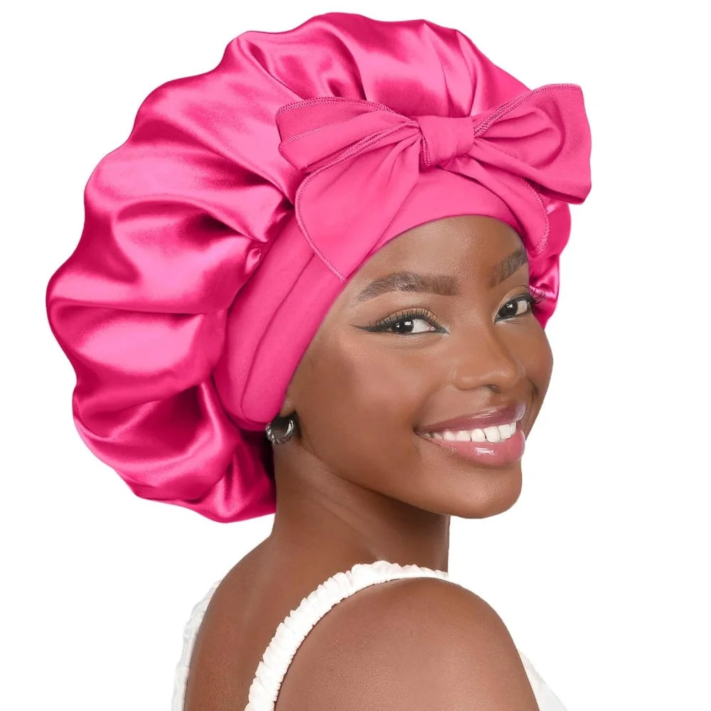 Bonnet en satin avec nœud – Bonnet de nuit en satin pour cheveux bouclés, frisés, crépus et lisses