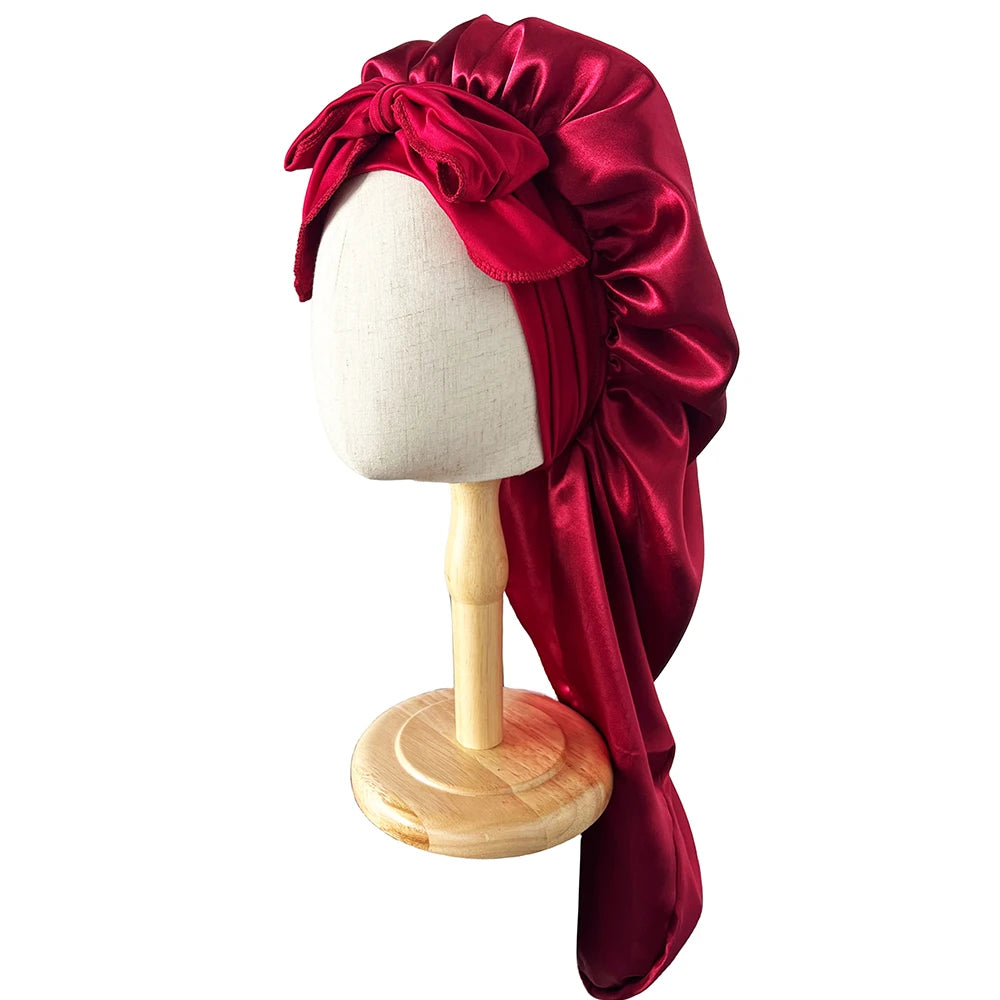 Bonnet en satin long avec nœud – Bonnet de nuit en satin pour cheveux longs, bouclés, frisés et locks