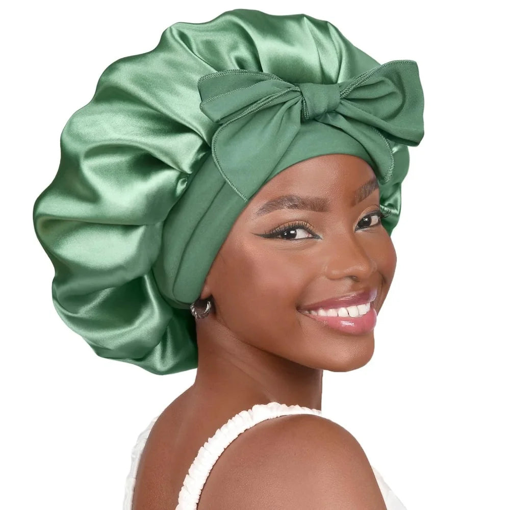 Bonnet en satin avec nœud – Bonnet de nuit en satin pour cheveux bouclés, frisés, crépus et lisses