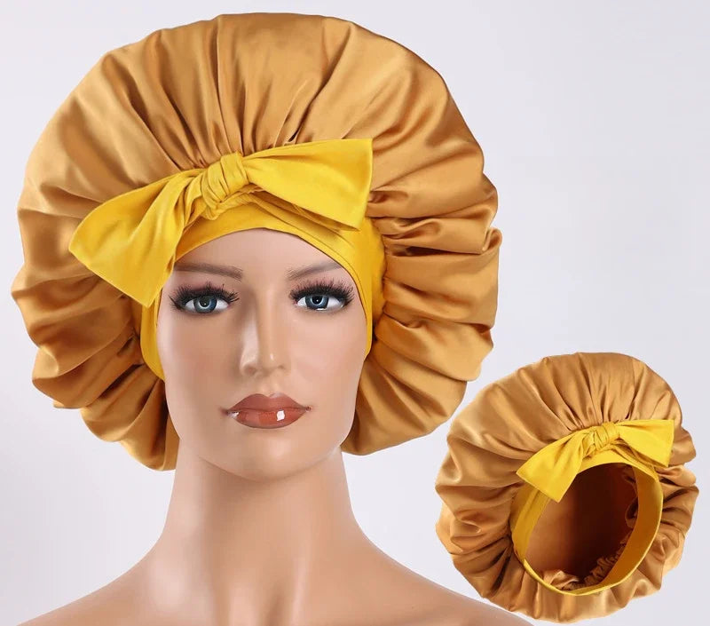 Bonnet en satin avec nœud – Bonnet de nuit en satin pour cheveux bouclés, frisés, crépus et lisses