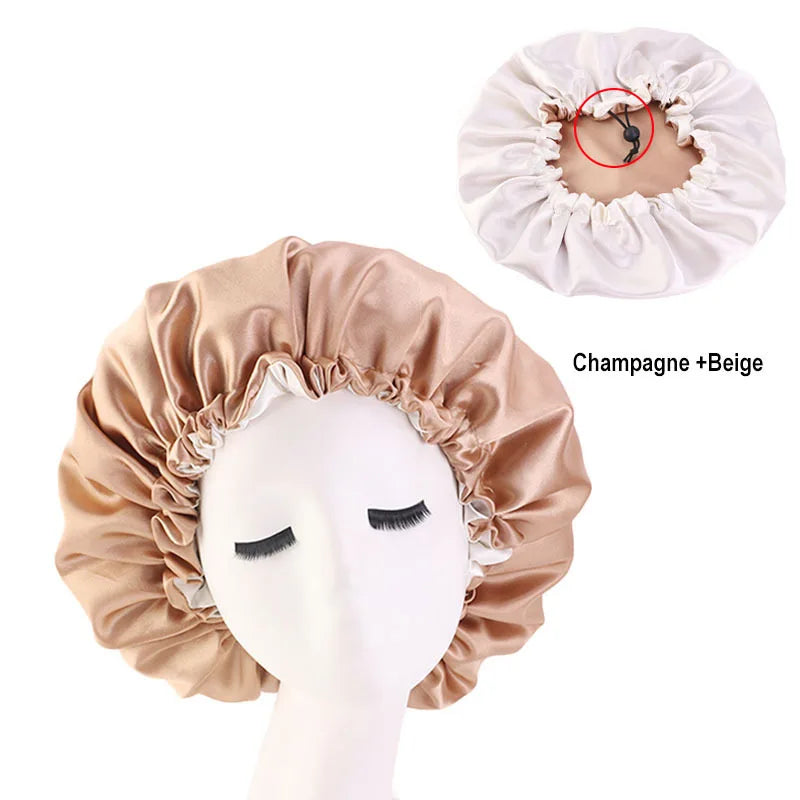 Bonnet en satin double couche – Bonnet de nuit en satin réversible multicolore pour cheveux bouclés, frisés, crépus et lisses