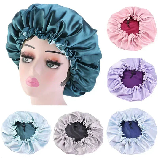 Bonnet en satin double couche – Bonnet de nuit en satin réversible multicolore pour cheveux bouclés, frisés, crépus et lisses