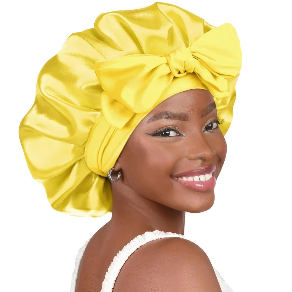 Bonnet en satin avec nœud – Bonnet de nuit en satin pour cheveux bouclés, frisés, crépus et lisses