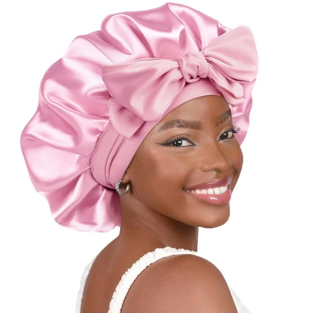 Bonnet en satin avec nœud – Bonnet de nuit en satin pour cheveux bouclés, frisés, crépus et lisses