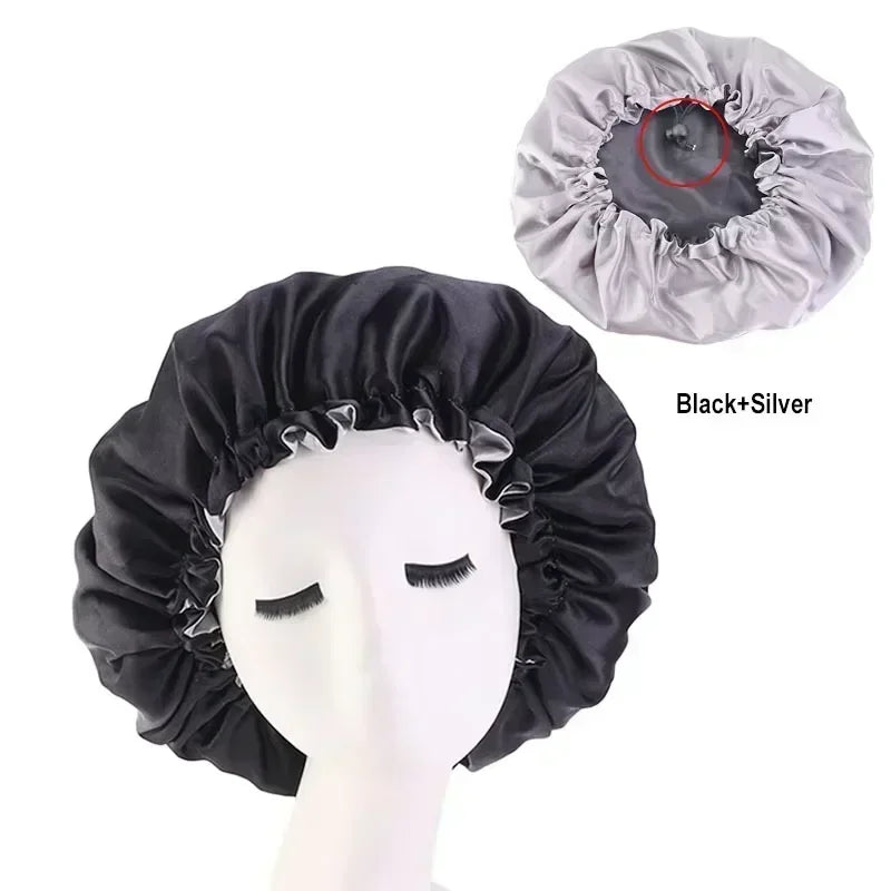Bonnet en satin double couche – Bonnet de nuit en satin réversible multicolore pour cheveux bouclés, frisés, crépus et lisses