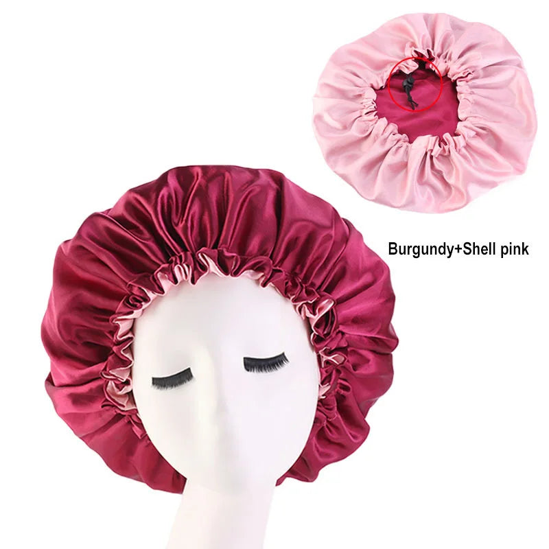 Bonnet en satin double couche – Bonnet de nuit en satin réversible multicolore pour cheveux bouclés, frisés, crépus et lisses