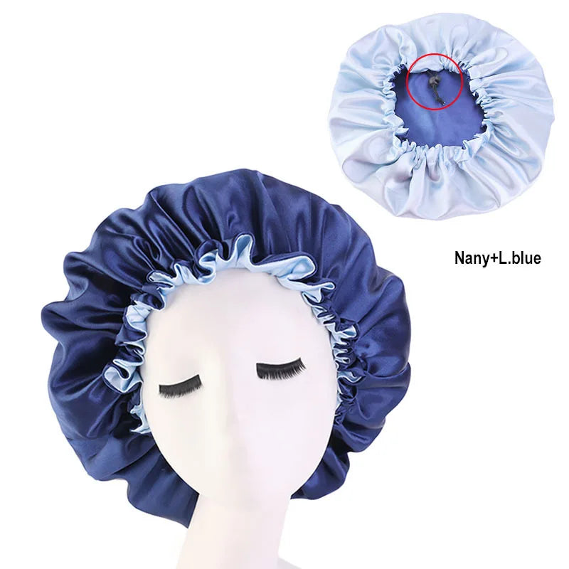 Bonnet en satin double couche – Bonnet de nuit en satin réversible multicolore pour cheveux bouclés, frisés, crépus et lisses