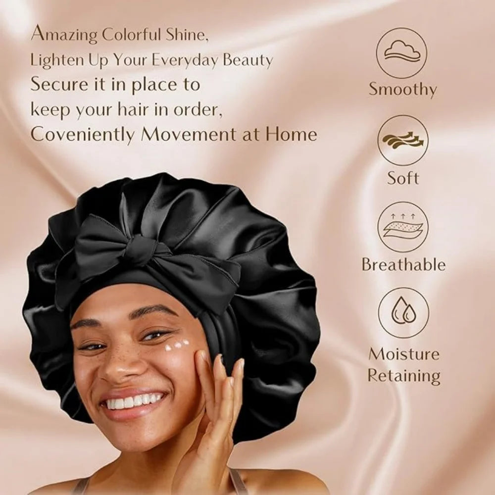 Bonnet en satin avec nœud – Bonnet de nuit en satin pour cheveux bouclés, frisés, crépus et lisses