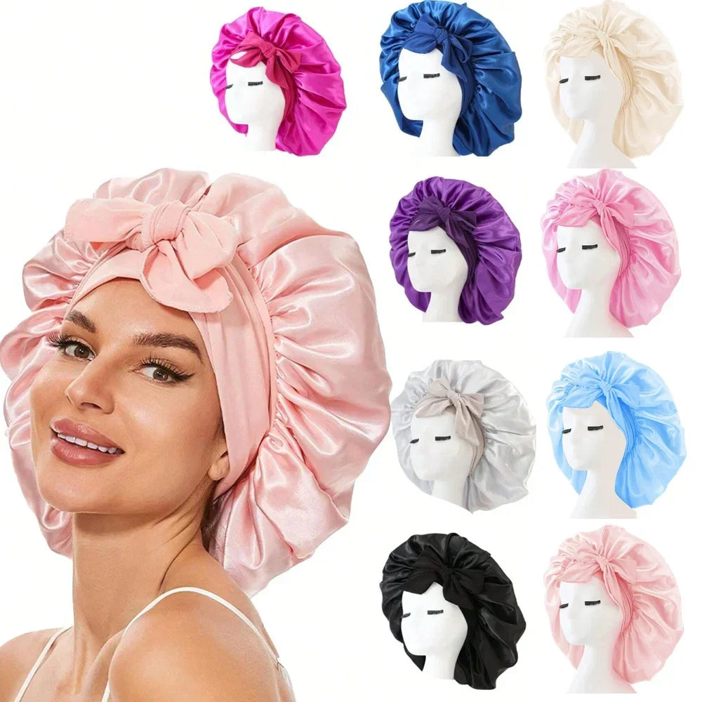 Bonnet en satin avec nœud – Bonnet de nuit en satin pour cheveux bouclés, frisés, crépus et lisses