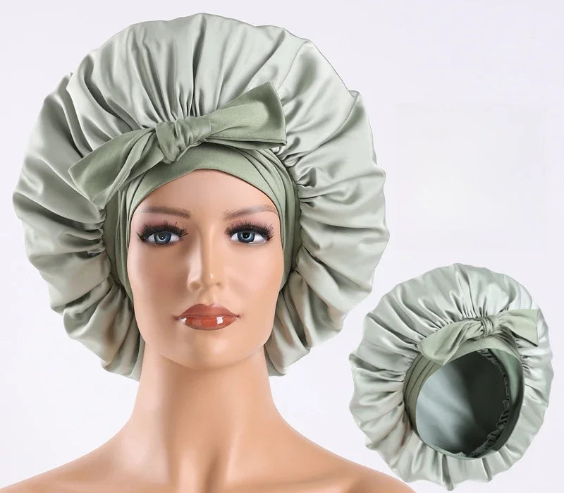 Bonnet en satin avec nœud – Bonnet de nuit en satin pour cheveux bouclés, frisés, crépus et lisses