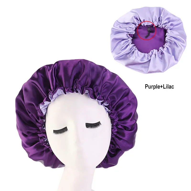 Bonnet en satin double couche – Bonnet de nuit en satin réversible multicolore pour cheveux bouclés, frisés, crépus et lisses