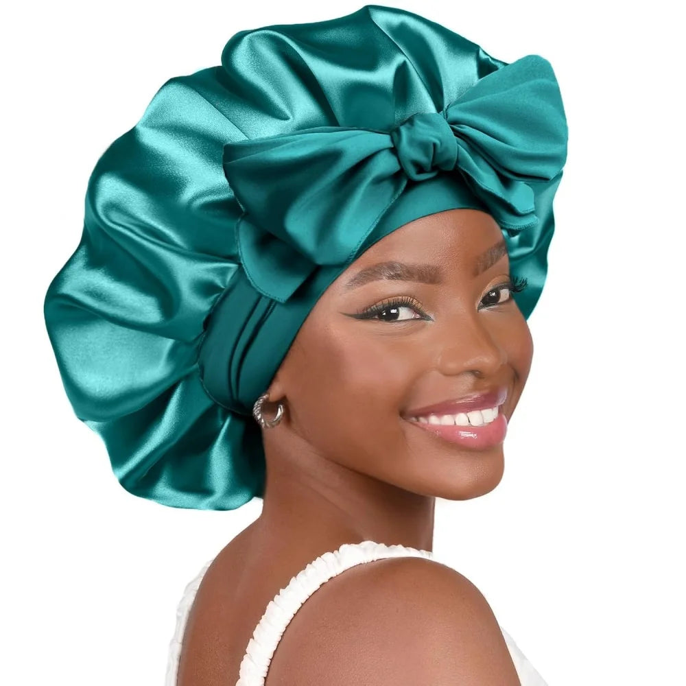 Bonnet en satin avec nœud – Bonnet de nuit en satin pour cheveux bouclés, frisés, crépus et lisses