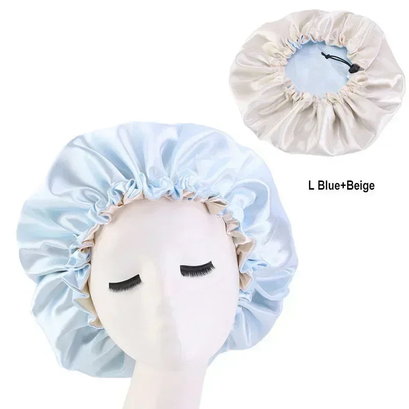 Bonnet en satin double couche – Bonnet de nuit en satin réversible multicolore pour cheveux bouclés, frisés, crépus et lisses