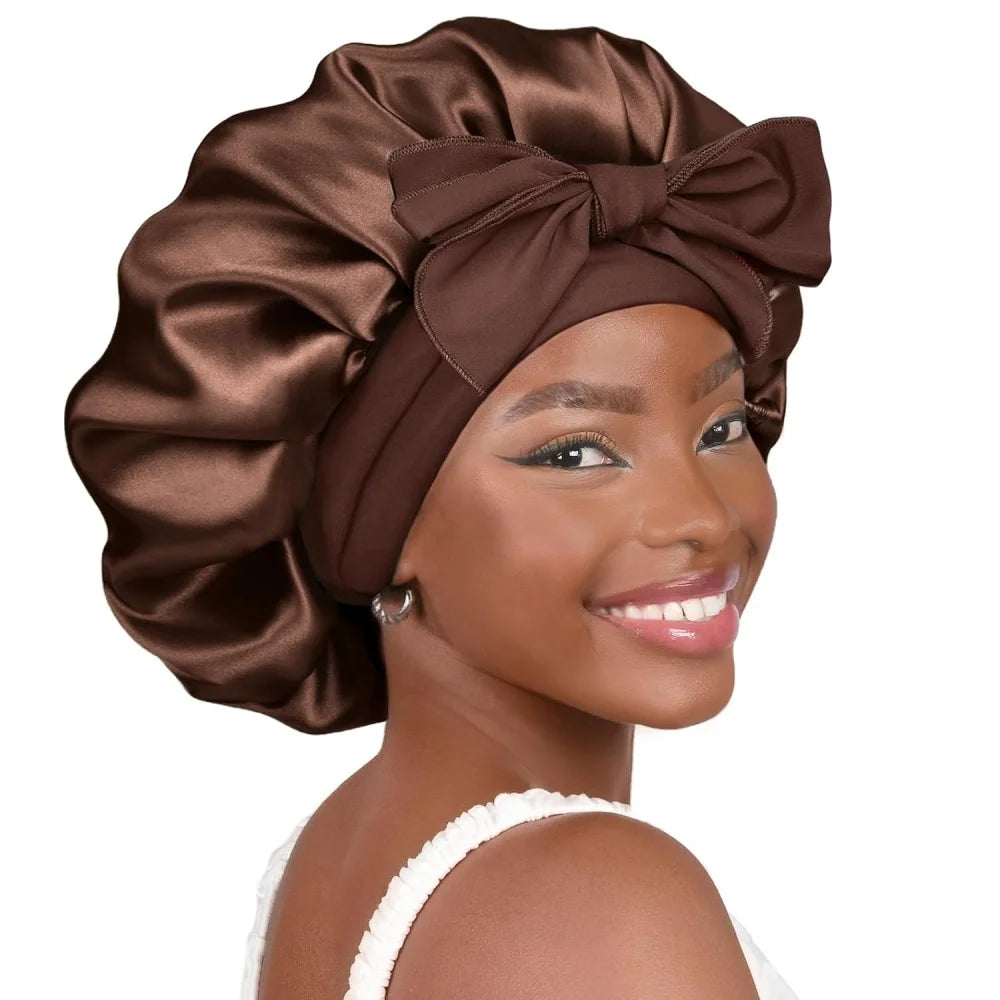 Bonnet en satin avec nœud – Bonnet de nuit en satin pour cheveux bouclés, frisés, crépus et lisses