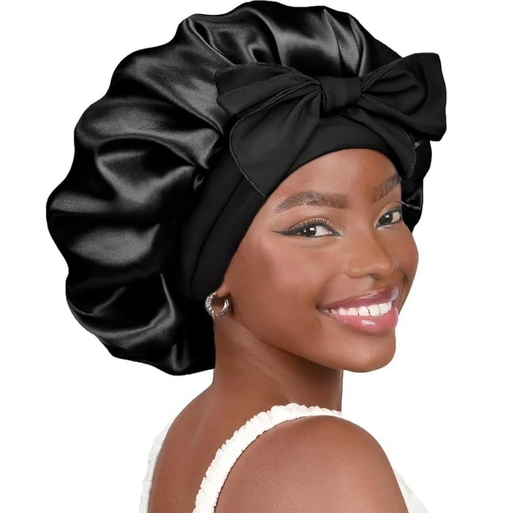 Bonnet en satin avec nœud – Bonnet de nuit en satin pour cheveux bouclés, frisés, crépus et lisses