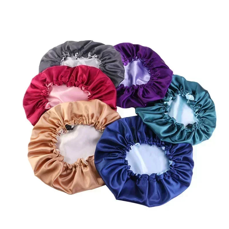 Bonnet en satin double couche – Bonnet de nuit en satin réversible multicolore pour cheveux bouclés, frisés, crépus et lisses