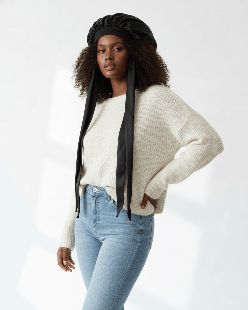 ElegantVase Bonnet en satin long avec nœud – Bonnet de nuit cheveux longs bonnet satin cheveux boucles afro