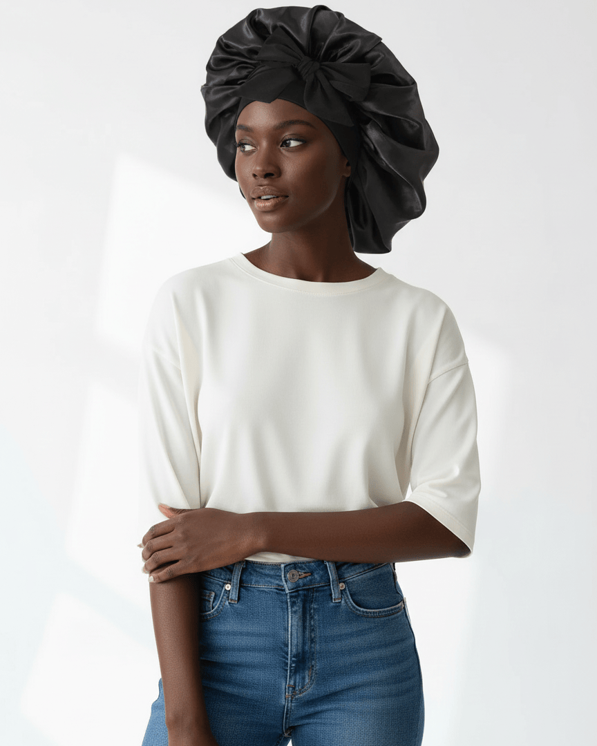 ElegantVase Bonnet en satin avec nœud – Bonnet de nuit cheveux bonnet satin cheveux boucles afro